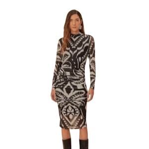 Farm Rio Black White Ikat Tulle Midi Dress Long Sleeve Sz XS